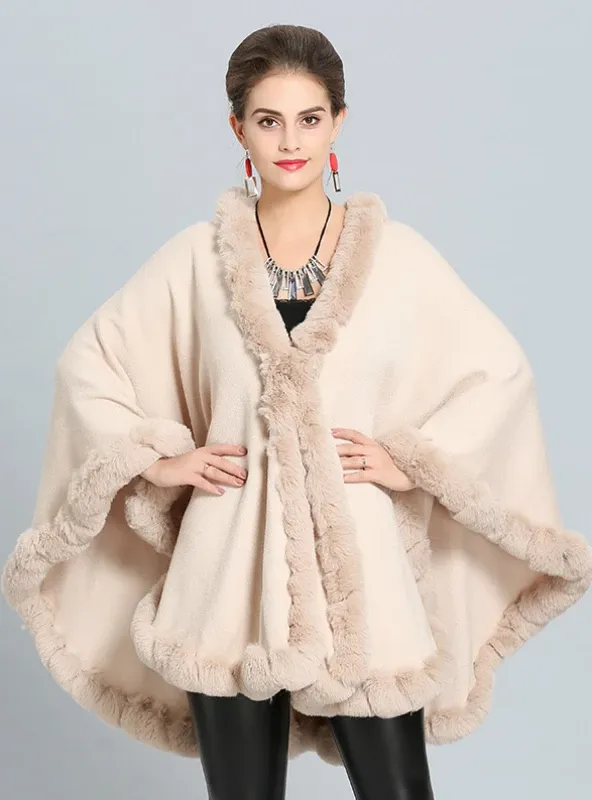 FOX LIKE FUR COLLAR KNITTED CAPE COAT WITH LARGE SHAWL