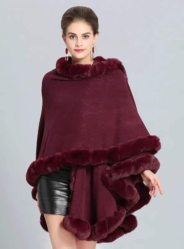 FOX LIKE FUR COLLAR KNITTED CAPE COAT WITH LARGE SHAWL