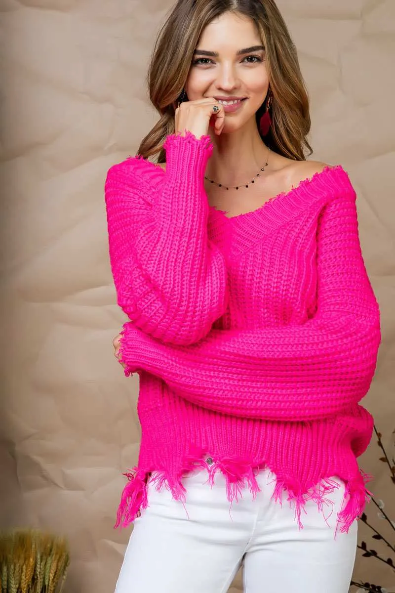 Frayed V-Neck Sweater, Neon Pink