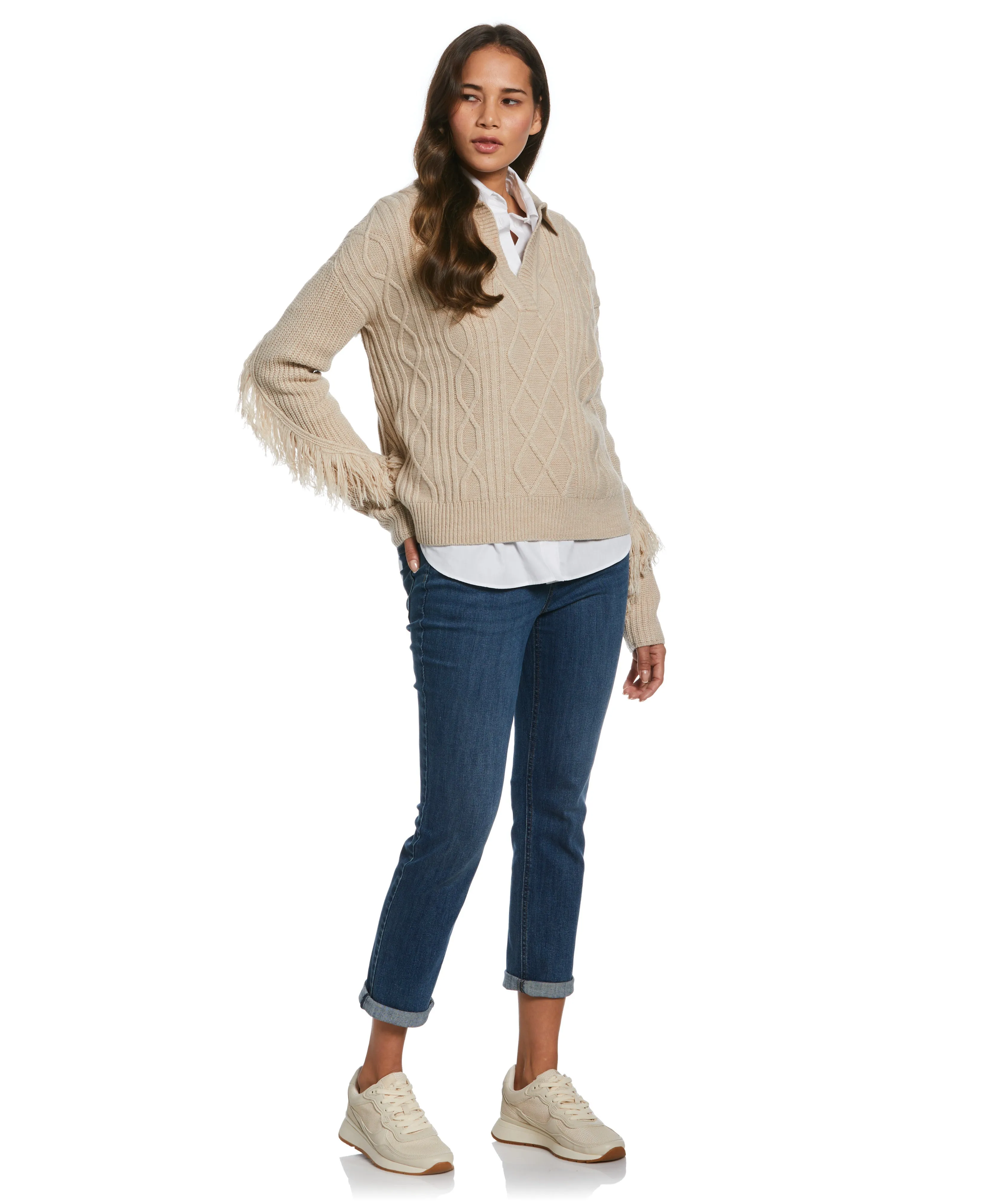 Fringe Trim Polo Sweater