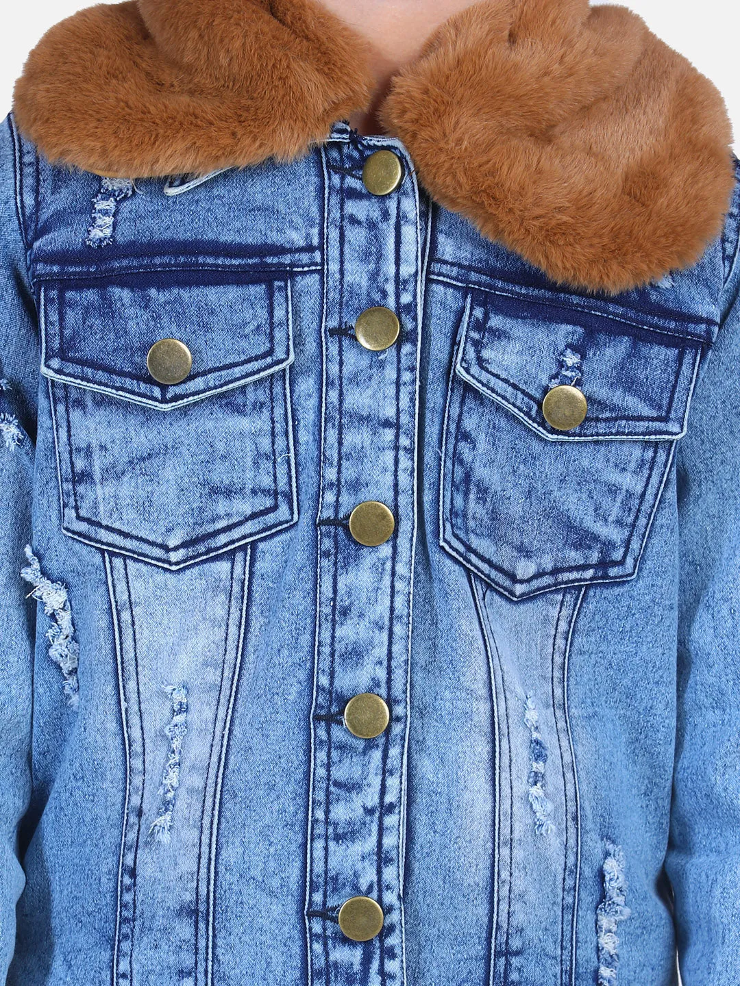 Girl's  Distressed Denim Jacket With Detachable Faux Fur Collar - StyleStone Kid