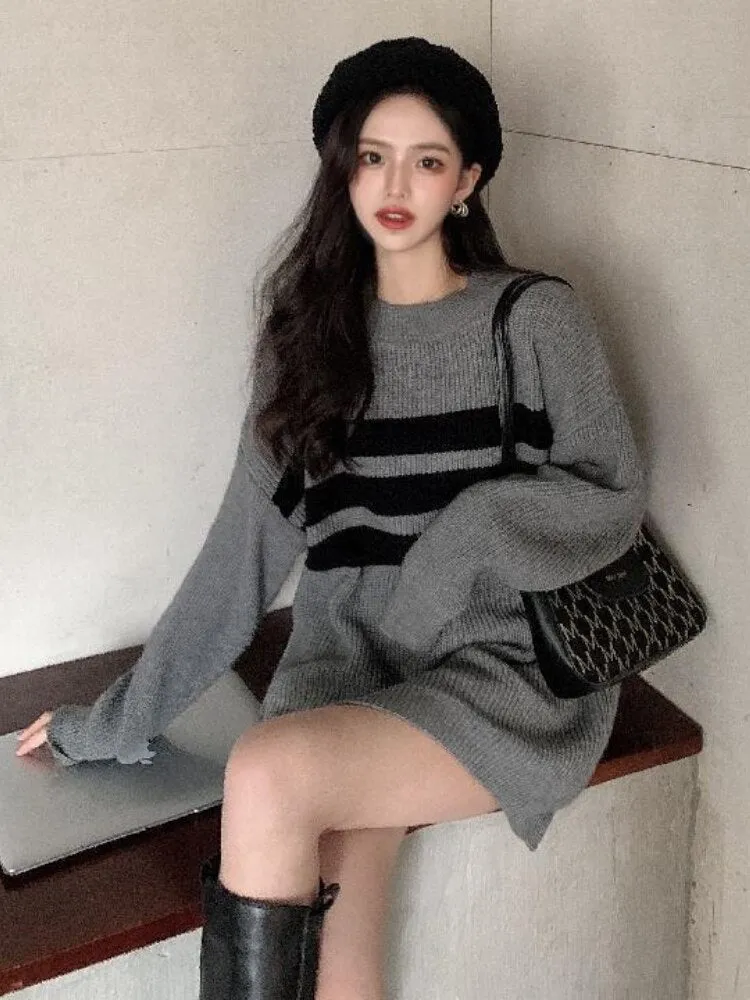 Gothic Sweaters Women Harajuku Punk Knitted Stripes Jumper