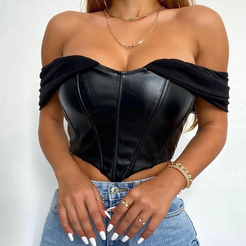 Graduation Gifts Women PU Leather Tank Tops Sexy Mesh Yarn Suspender Strap Crop Top Solid Color Vest Summer Back Zipper Off Shoulder Tanks