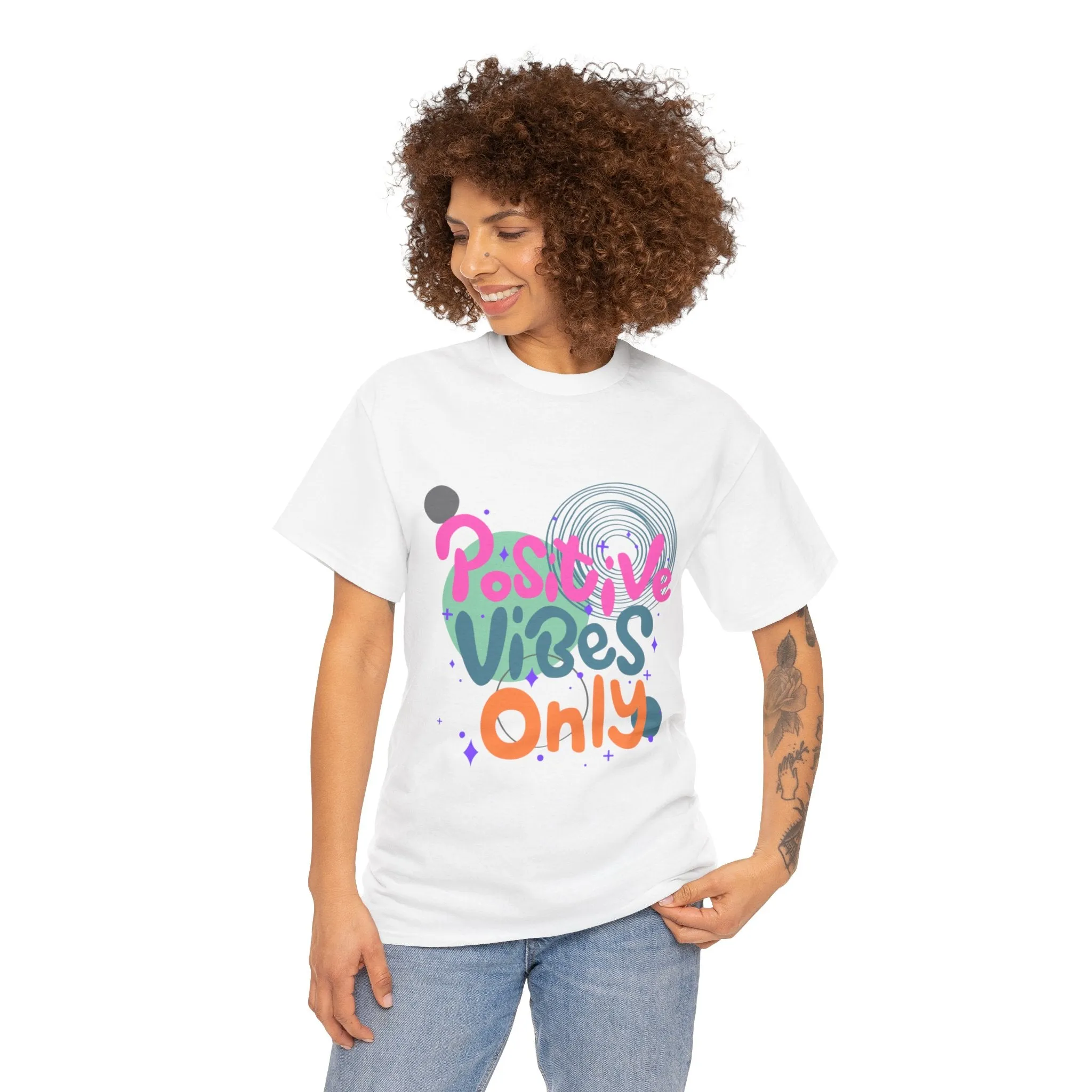 Graphic Tee - Colorful Abstract Shapes with Positive Vibes Quote