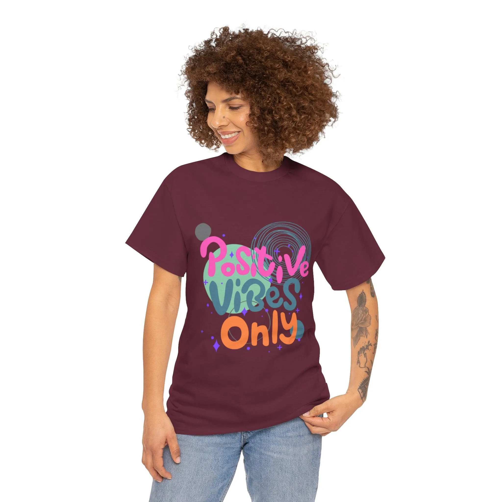 Graphic Tee - Colorful Abstract Shapes with Positive Vibes Quote