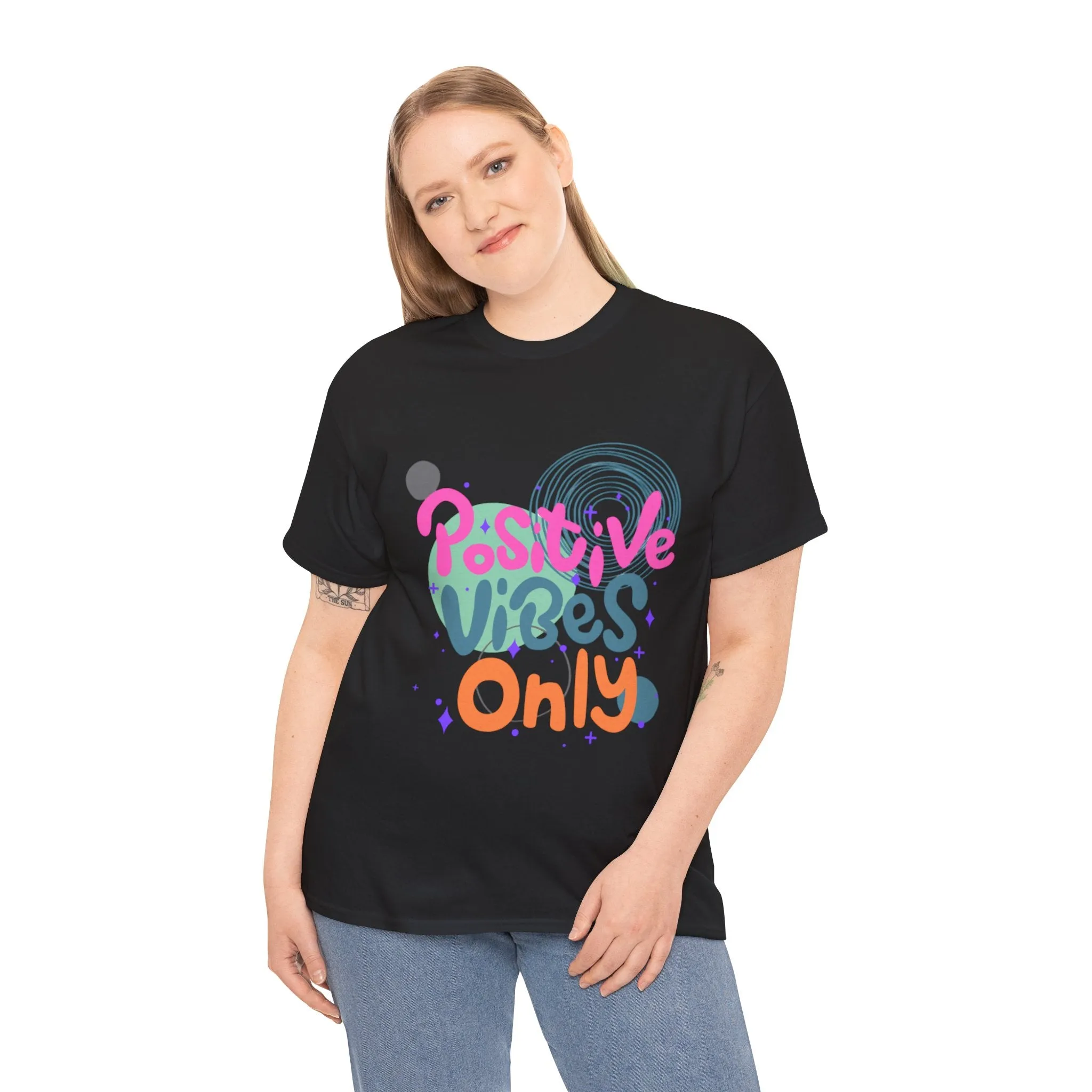 Graphic Tee - Colorful Abstract Shapes with Positive Vibes Quote