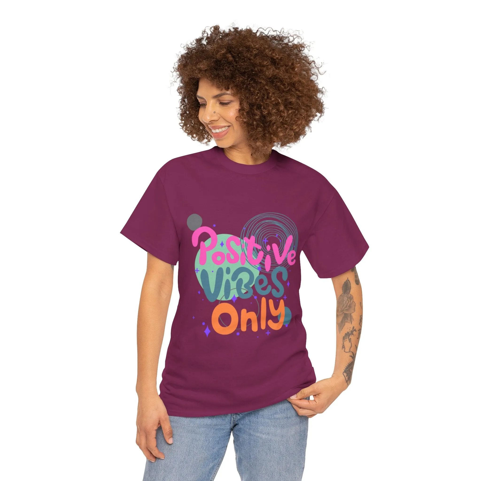 Graphic Tee - Colorful Abstract Shapes with Positive Vibes Quote