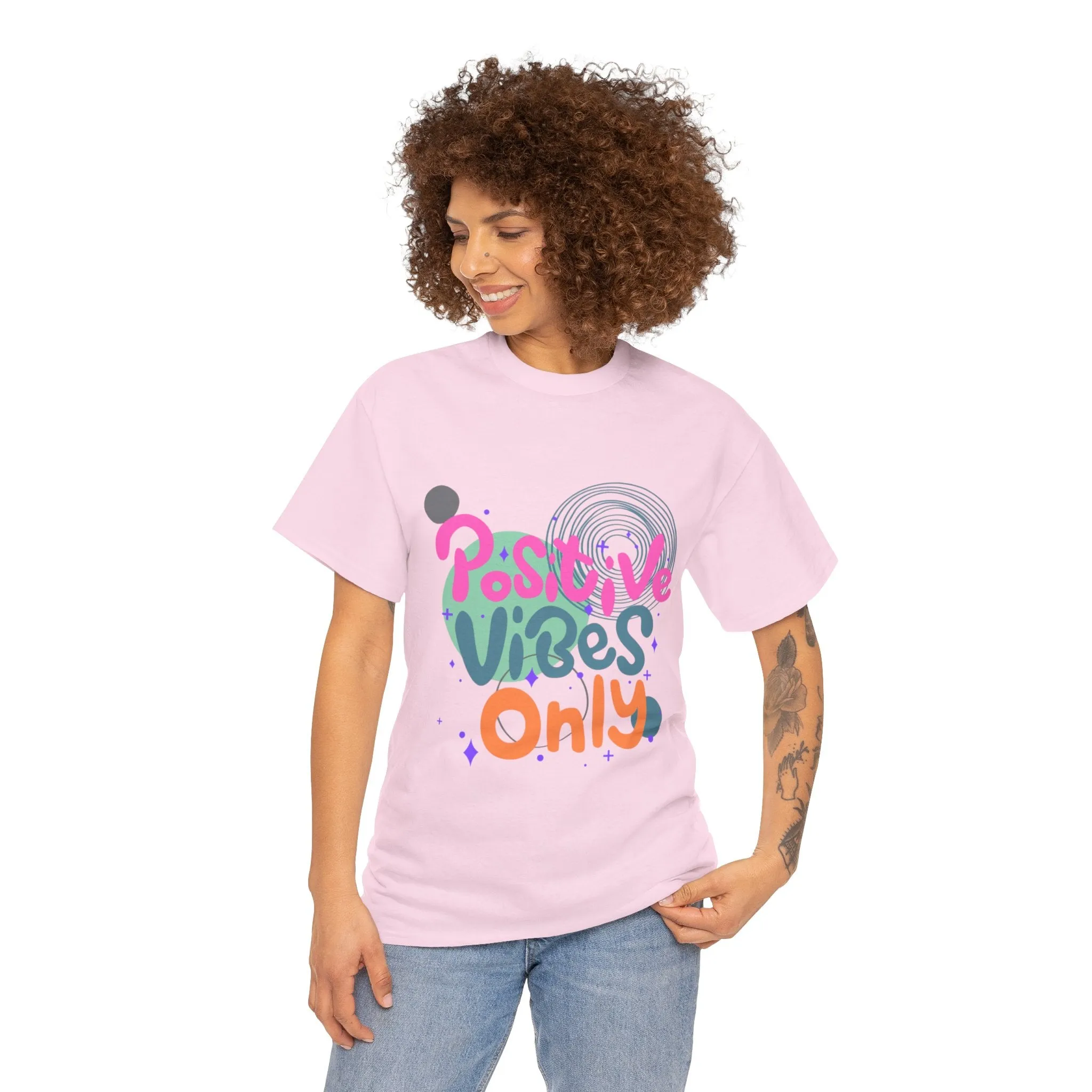 Graphic Tee - Colorful Abstract Shapes with Positive Vibes Quote