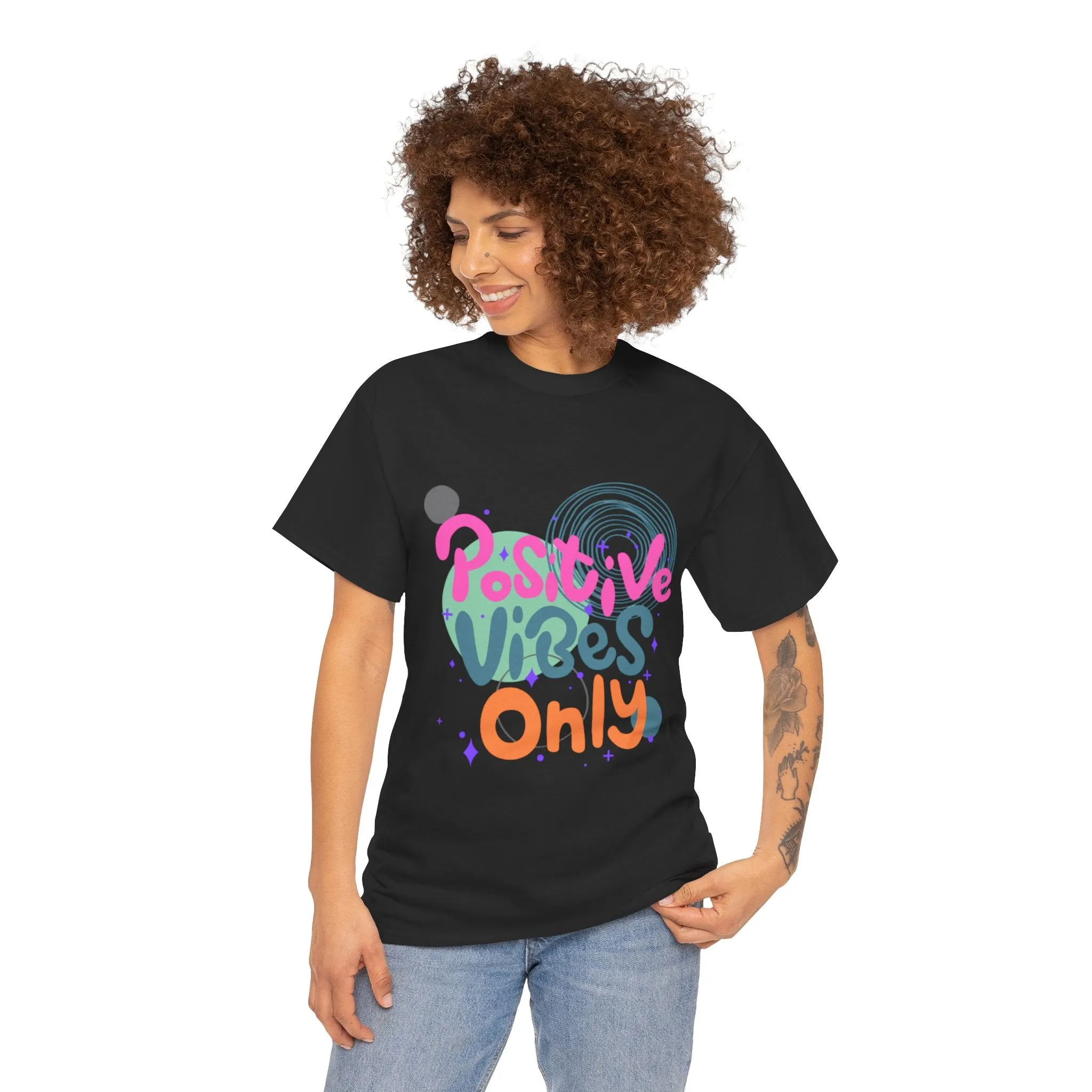 Graphic Tee - Colorful Abstract Shapes with Positive Vibes Quote