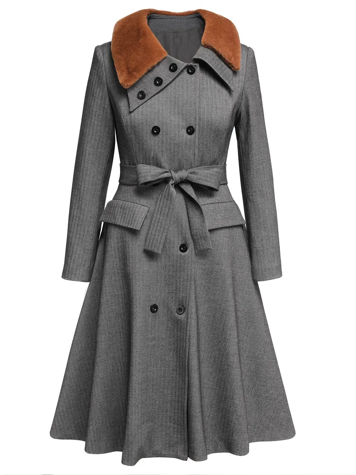 Gray 1930s Faux Fur Lapel Collar Coat