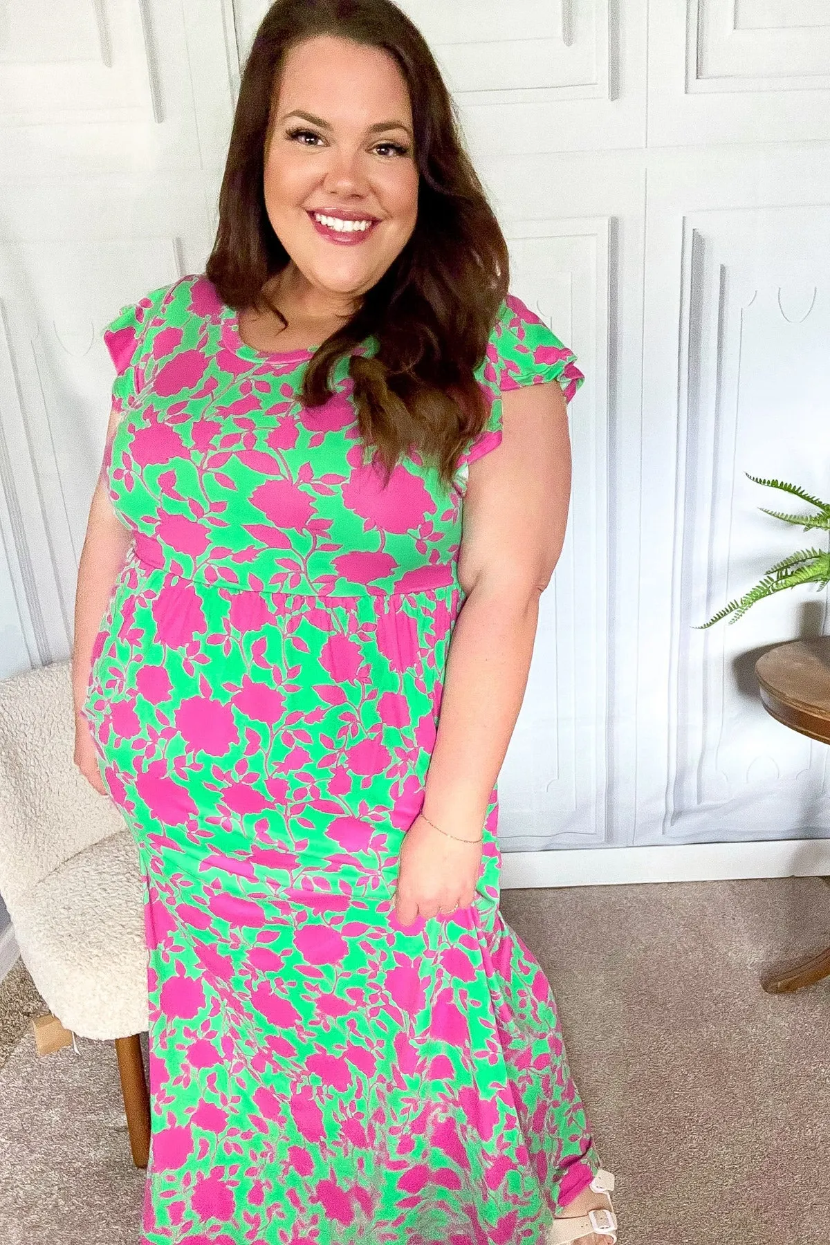 Green & Fuchsia Floral Fit & Flare Maxi Dress