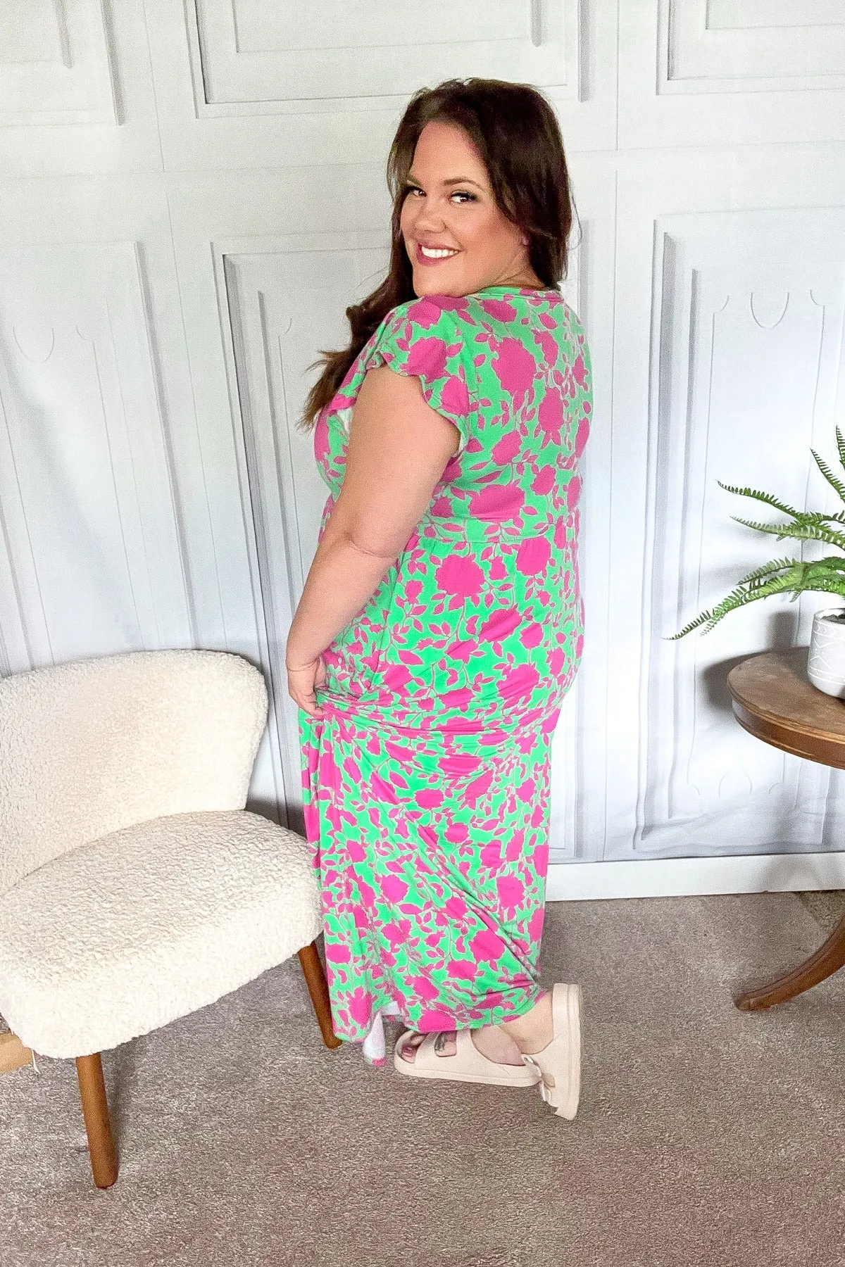 Green & Fuchsia Floral Fit & Flare Maxi Dress