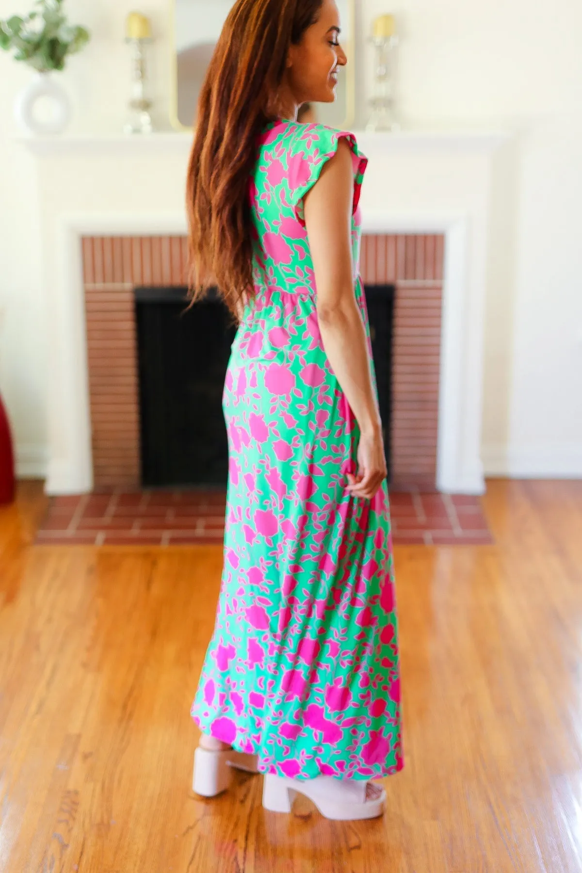 Green & Fuchsia Floral Fit & Flare Maxi Dress