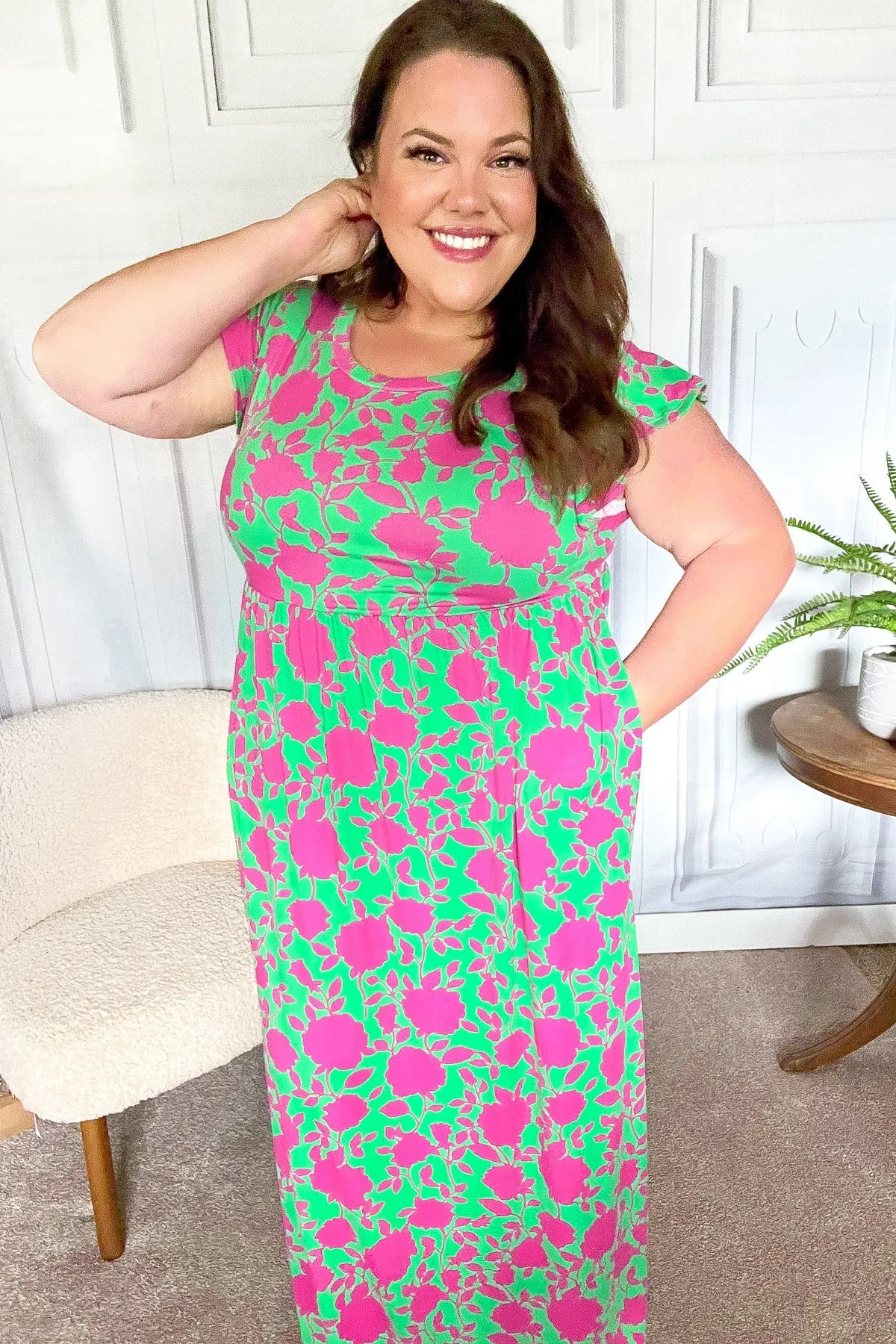 Green & Fuchsia Floral Fit & Flare Maxi Dress