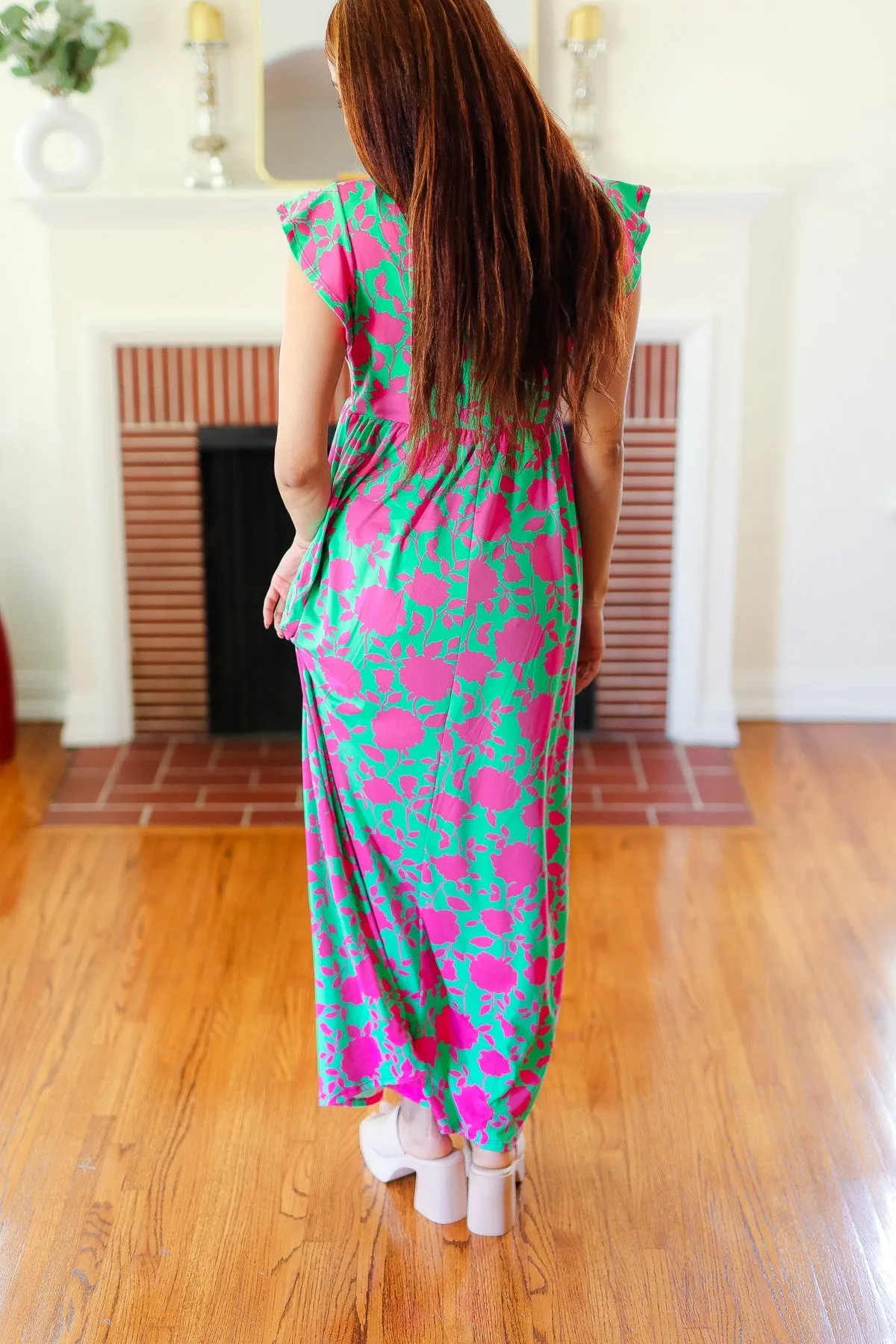 Green & Fuchsia Floral Fit & Flare Maxi Dress