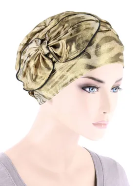 H121-LEOPARDGOLD#Pleated Bow Cap Leopard Gold