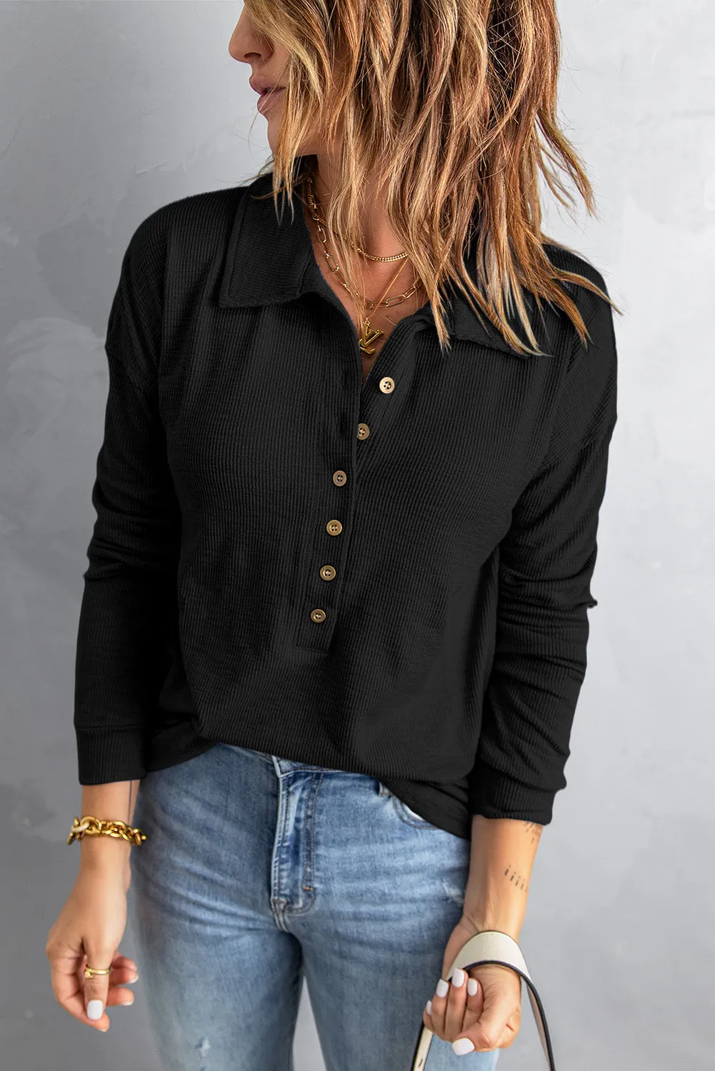 Half Button Collared Knit Top