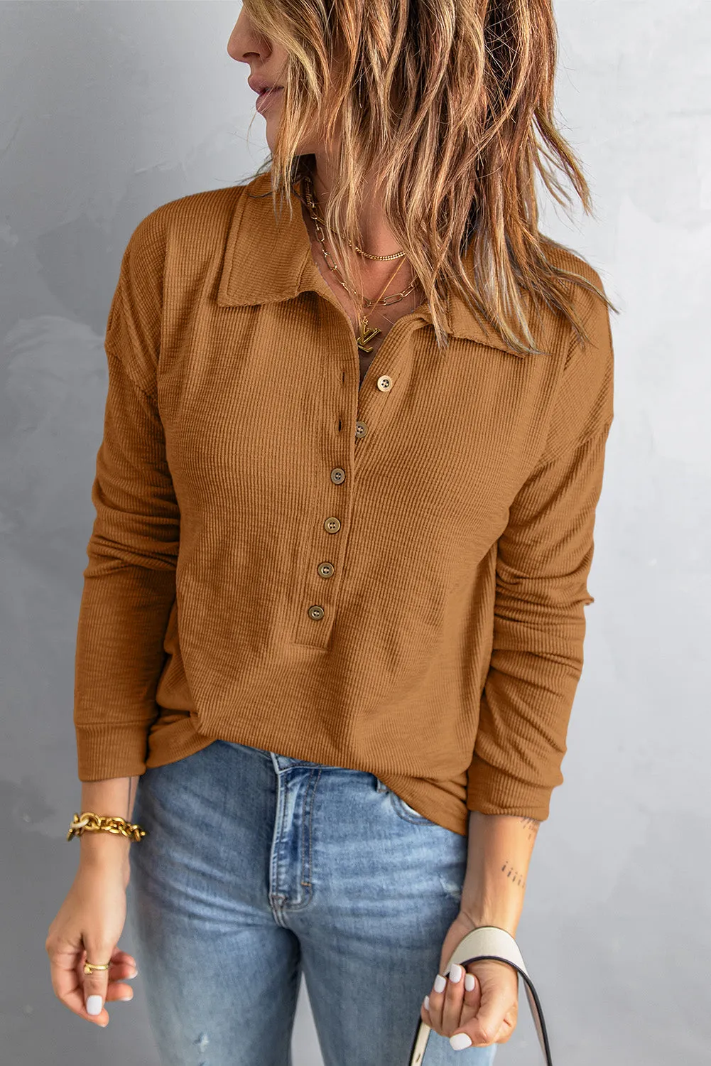 Half Button Collared Knit Top