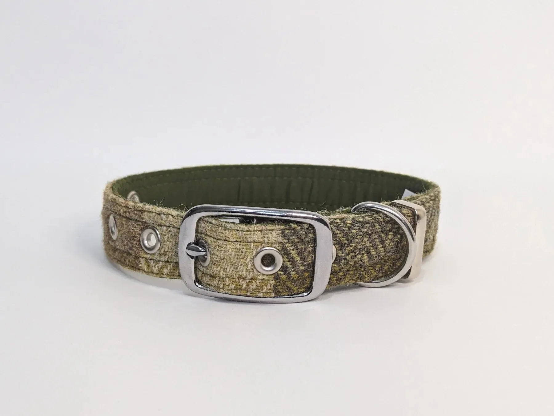 Harris Tweed Green Block Herringbone Buckle Dog Collar