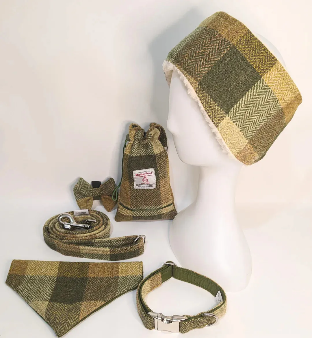 Harris Tweed Green Block Herringbone Buckle Dog Collar