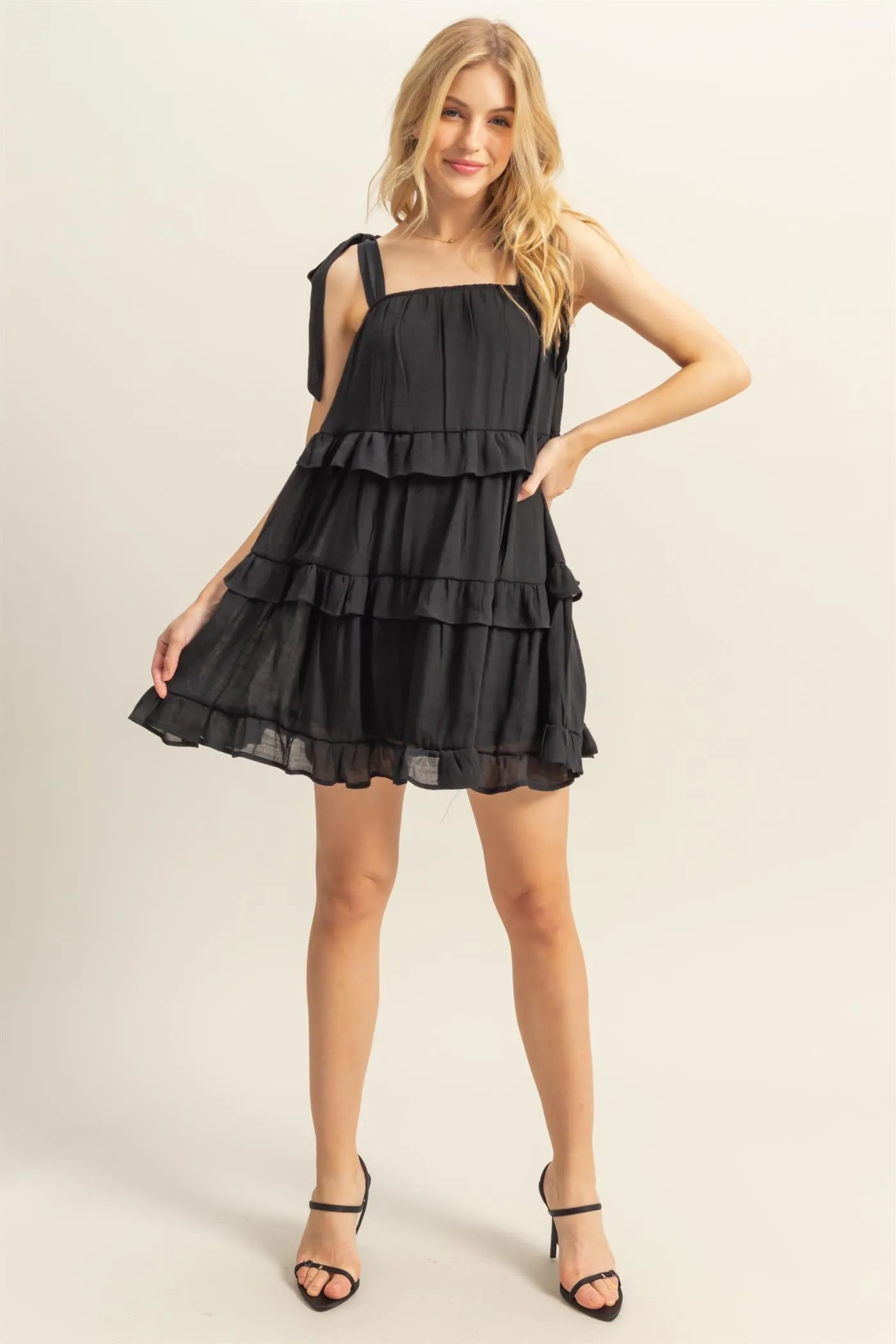 HF25E054-Self Tie Straps Ruffle Tiered Mini Dress