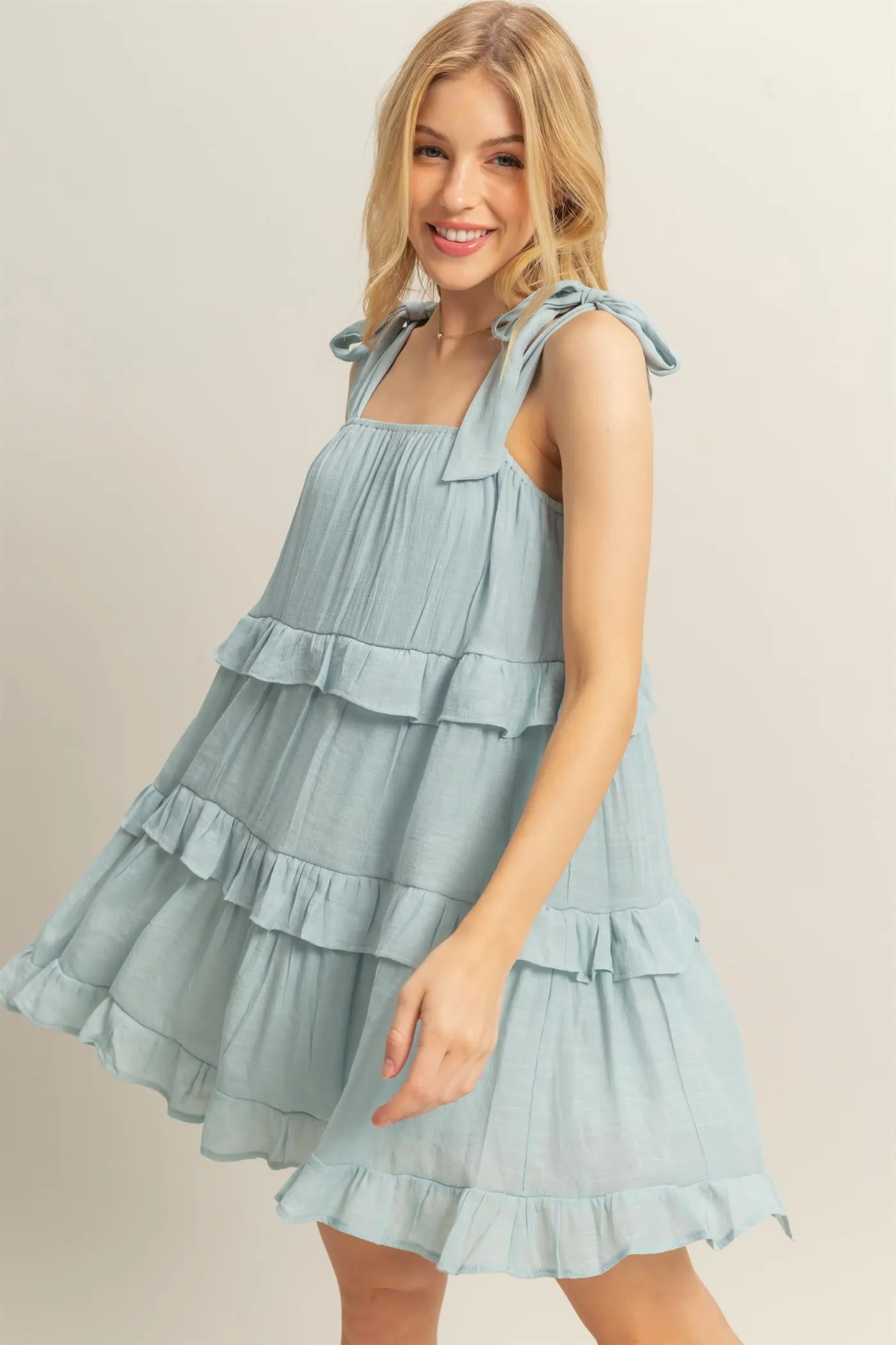 HF25E054-Self Tie Straps Ruffle Tiered Mini Dress