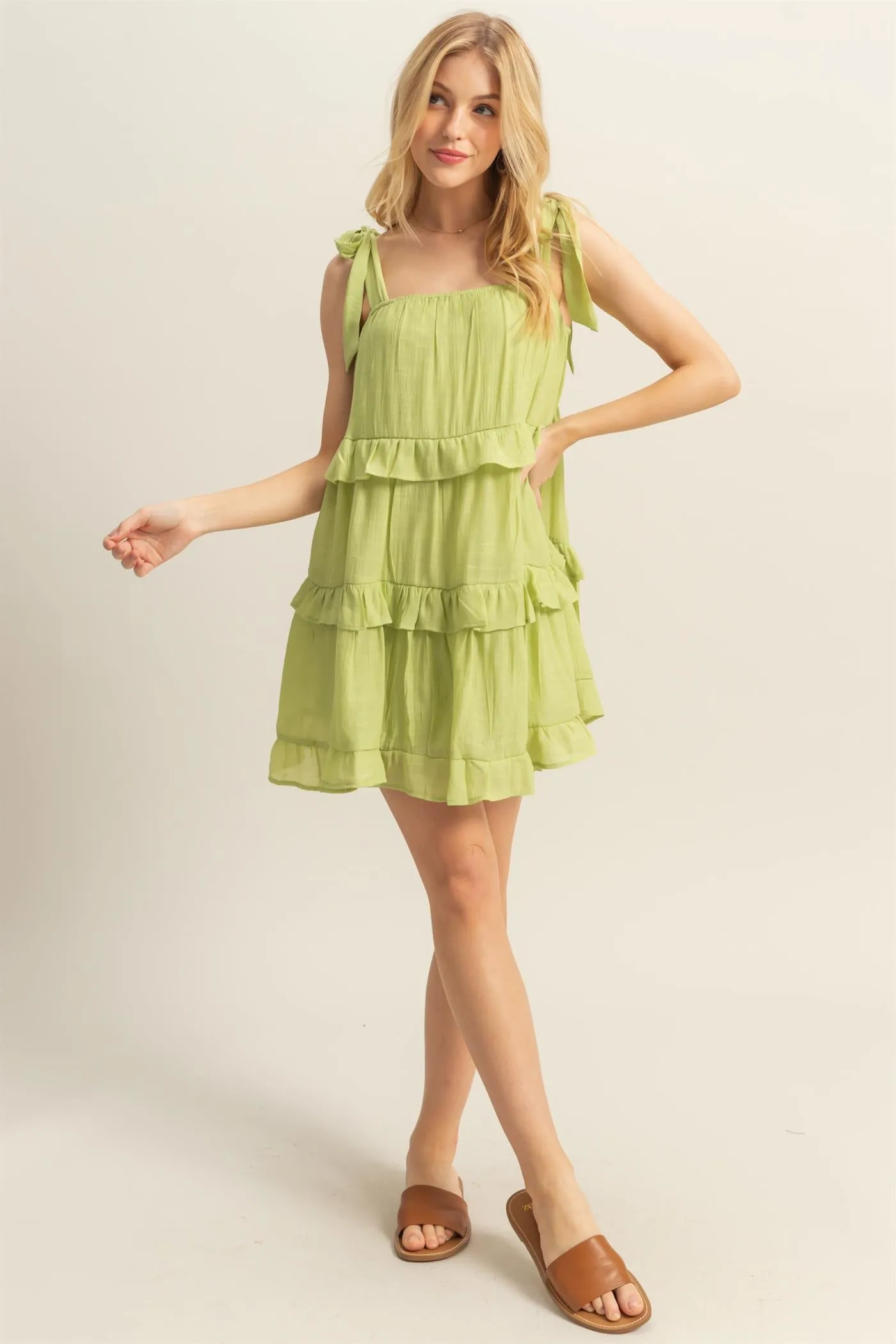 HF25E054-Self Tie Straps Ruffle Tiered Mini Dress