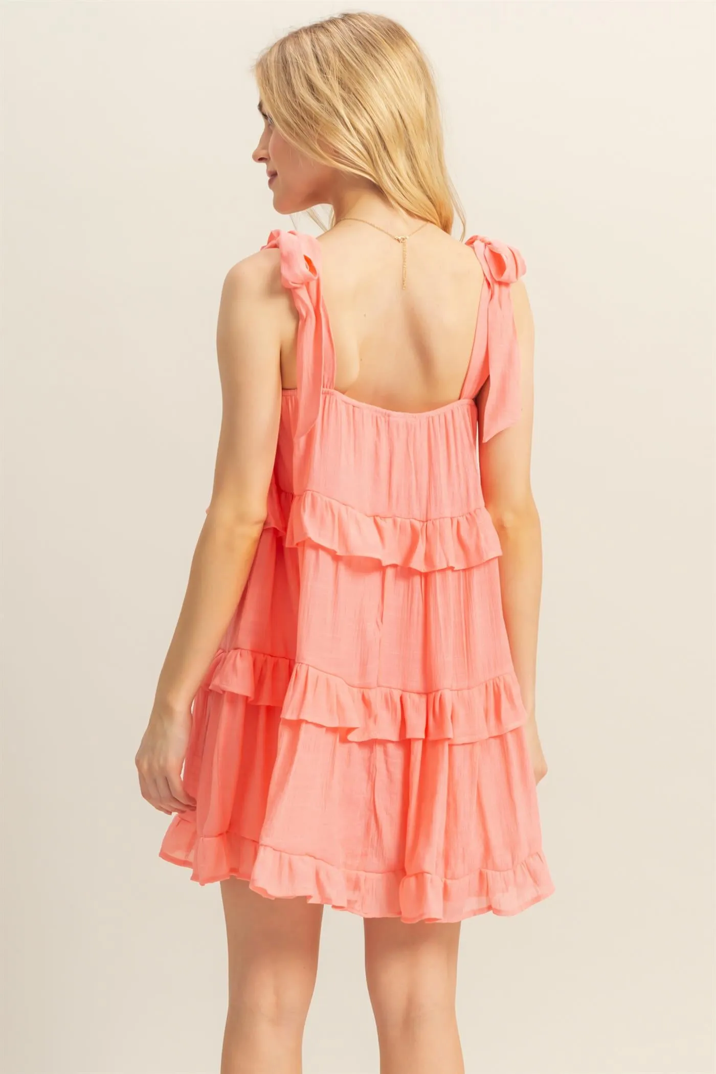 HF25E054-Self Tie Straps Ruffle Tiered Mini Dress