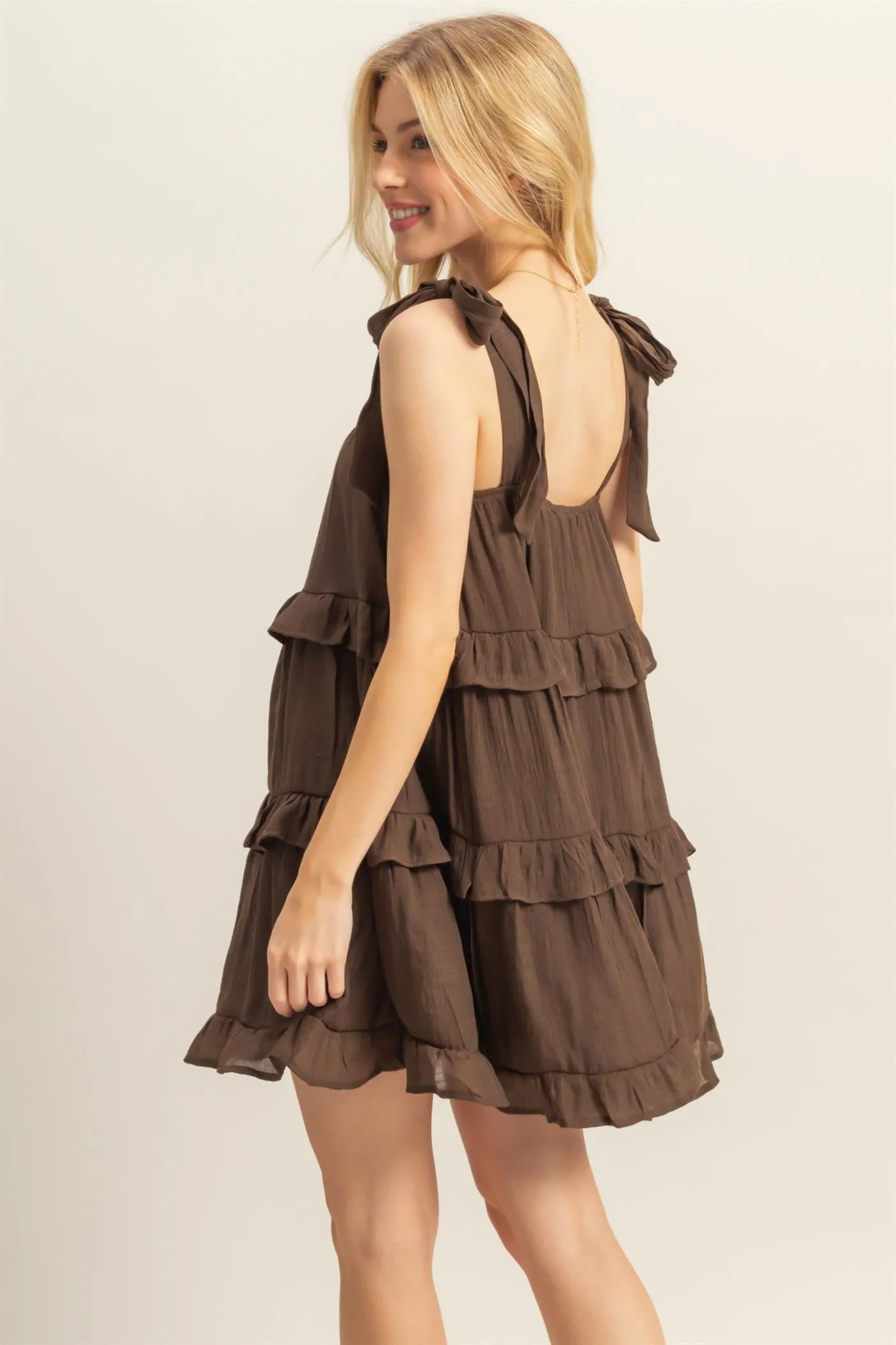 HF25E054-Self Tie Straps Ruffle Tiered Mini Dress