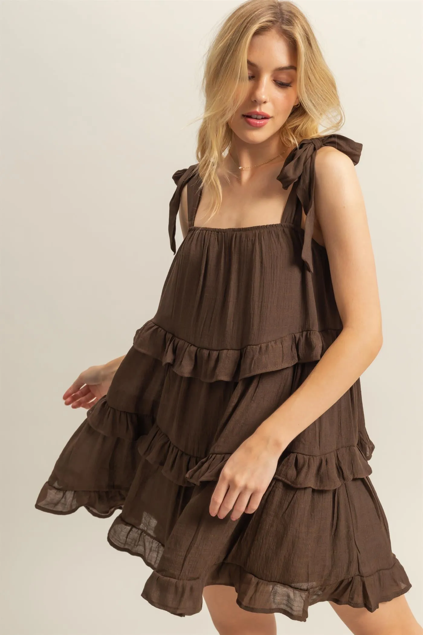 HF25E054-Self Tie Straps Ruffle Tiered Mini Dress