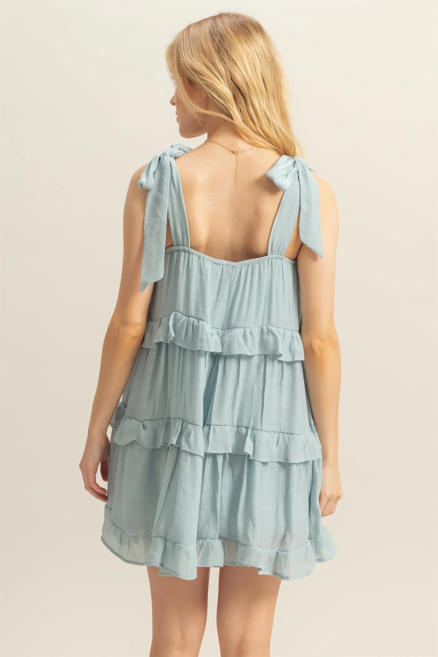 HF25E054-Self Tie Straps Ruffle Tiered Mini Dress