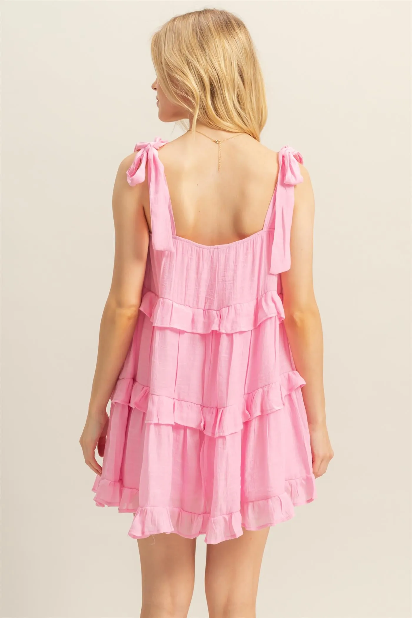 HF25E054-Self Tie Straps Ruffle Tiered Mini Dress