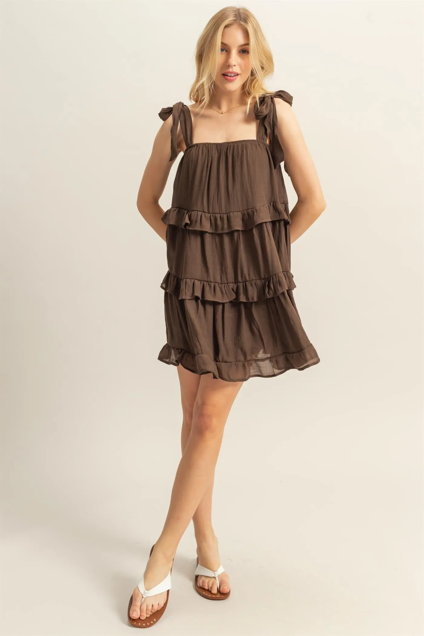 HF25E054-Self Tie Straps Ruffle Tiered Mini Dress