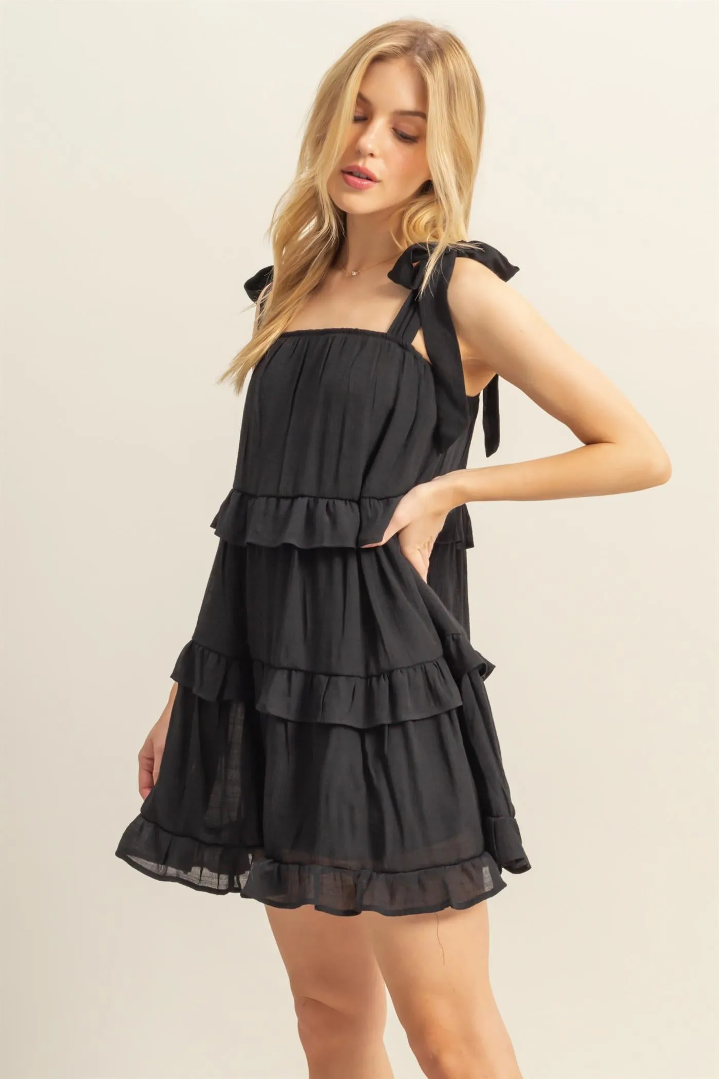 HF25E054-Self Tie Straps Ruffle Tiered Mini Dress