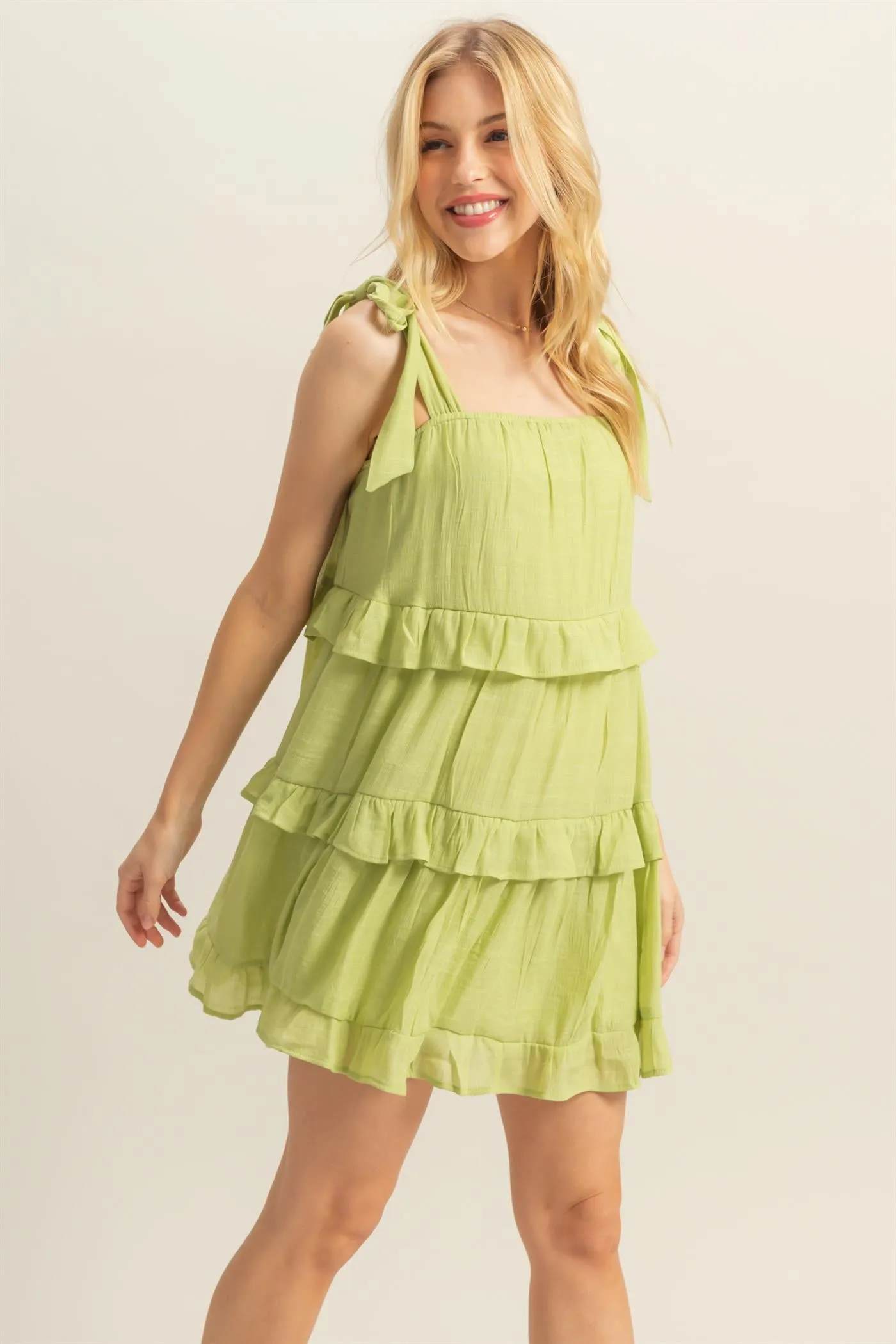 HF25E054-Self Tie Straps Ruffle Tiered Mini Dress