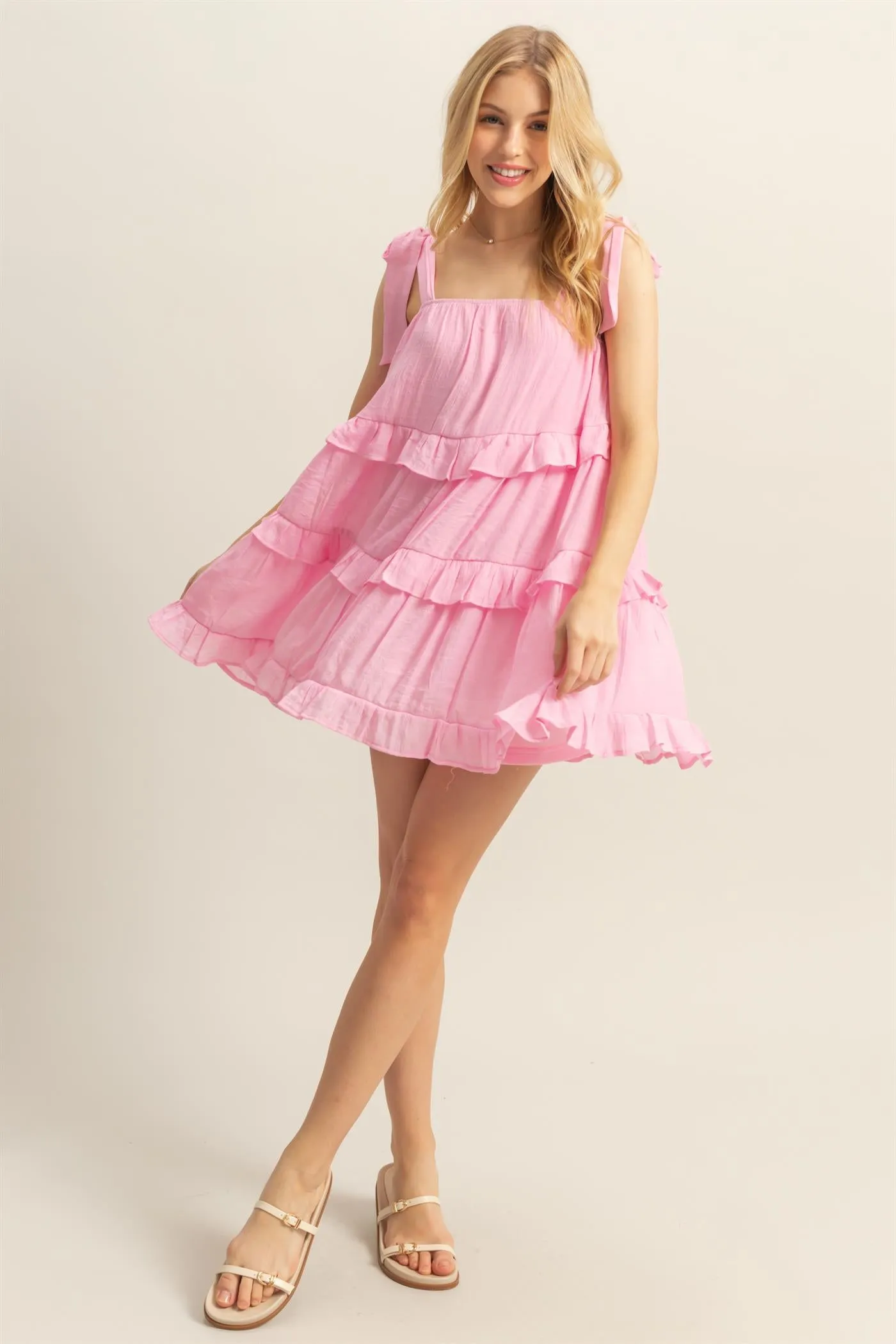 HF25E054-Self Tie Straps Ruffle Tiered Mini Dress