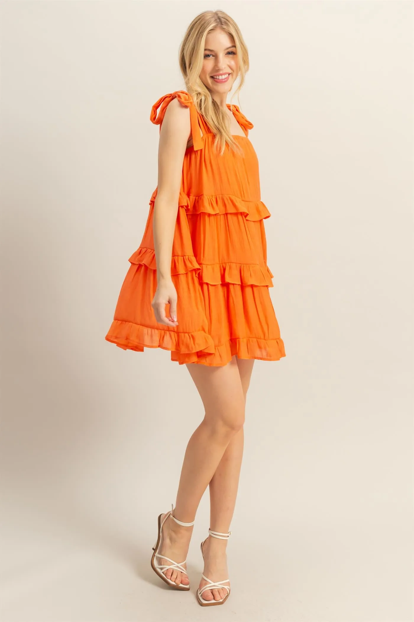 HF25E054-Self Tie Straps Ruffle Tiered Mini Dress