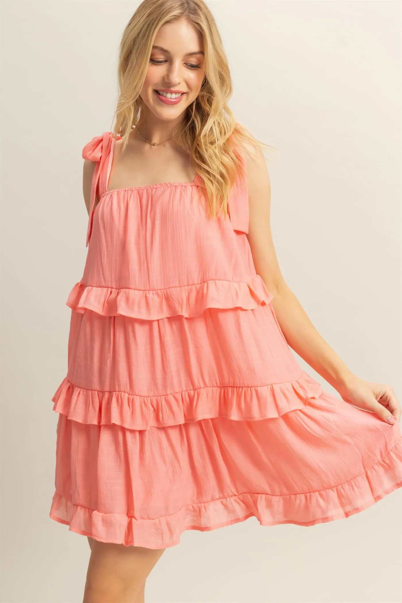 HF25E054-Self Tie Straps Ruffle Tiered Mini Dress