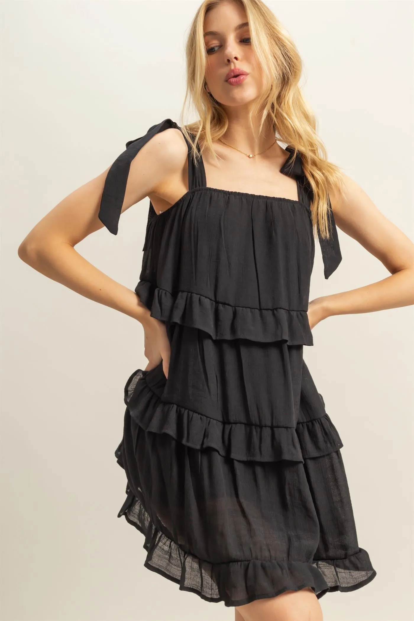 HF25E054-Self Tie Straps Ruffle Tiered Mini Dress