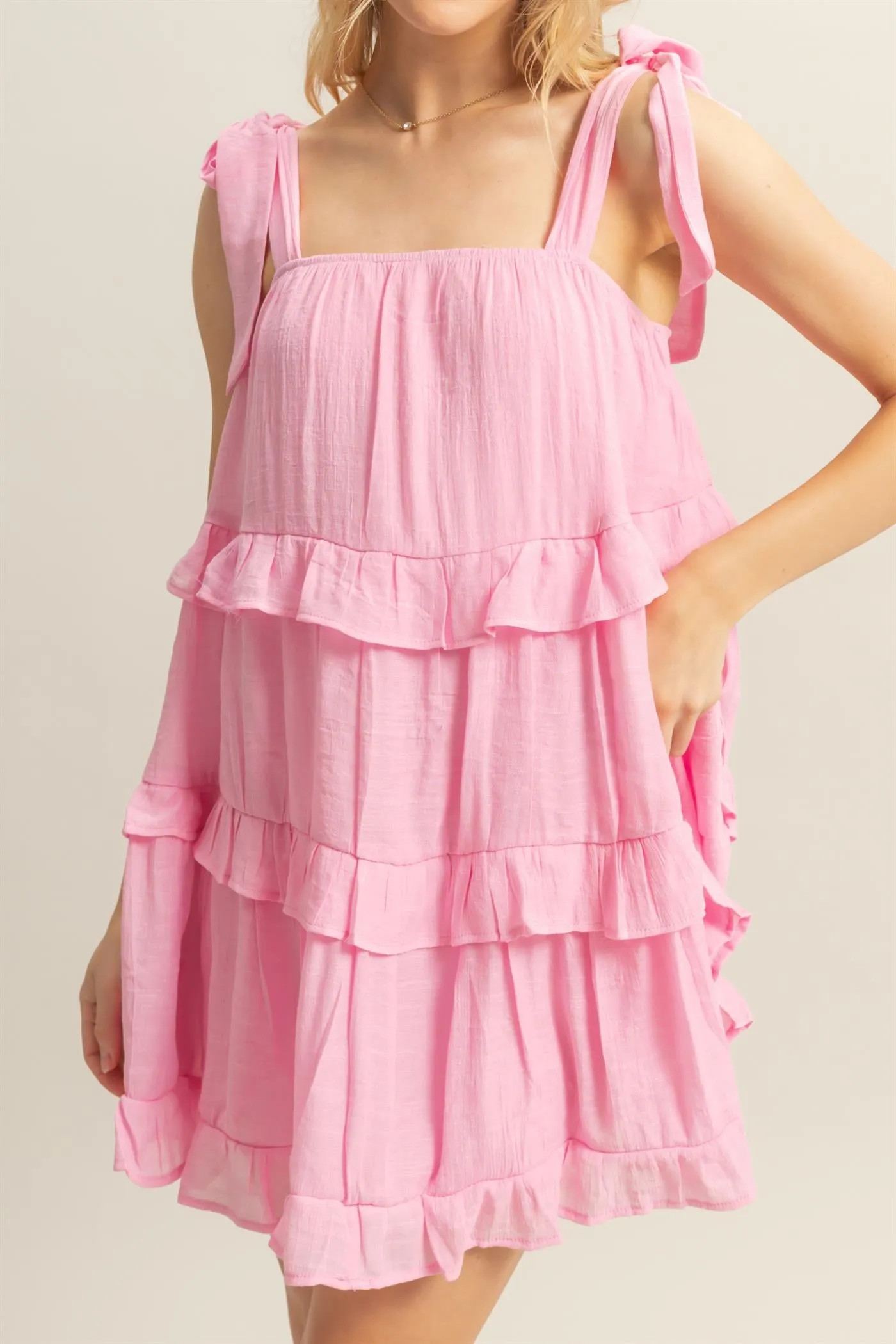 HF25E054-Self Tie Straps Ruffle Tiered Mini Dress