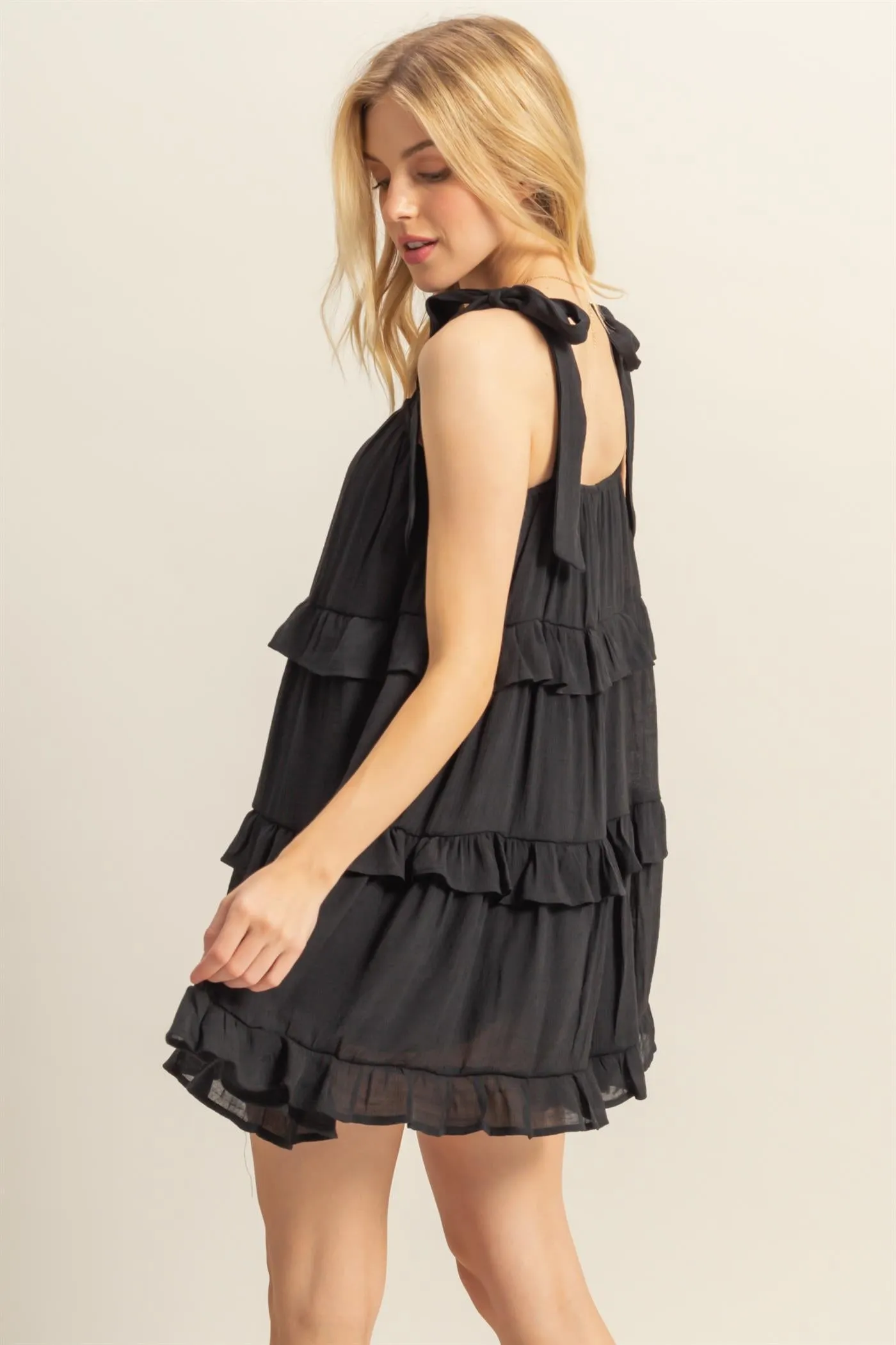 HF25E054-Self Tie Straps Ruffle Tiered Mini Dress