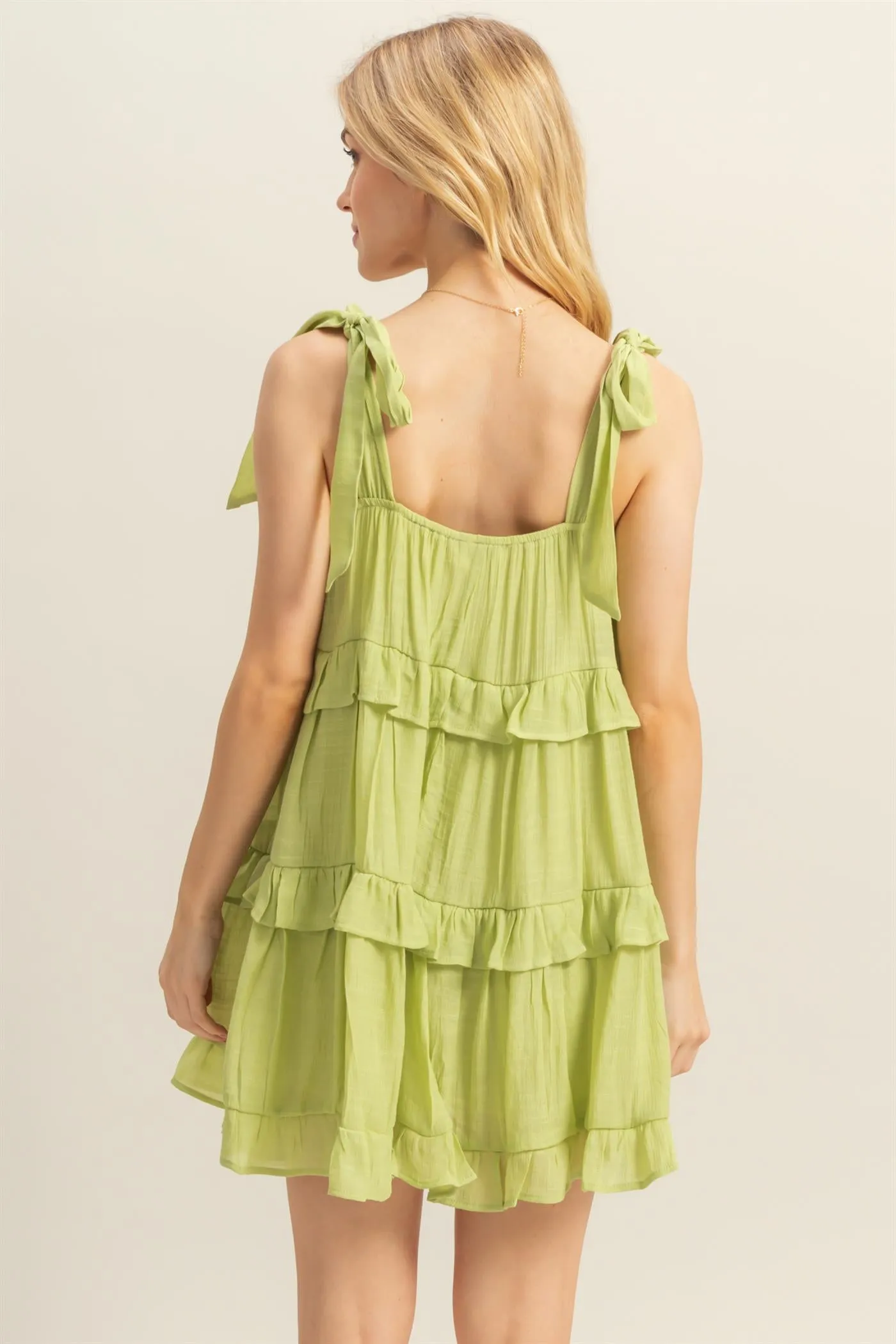 HF25E054-Self Tie Straps Ruffle Tiered Mini Dress