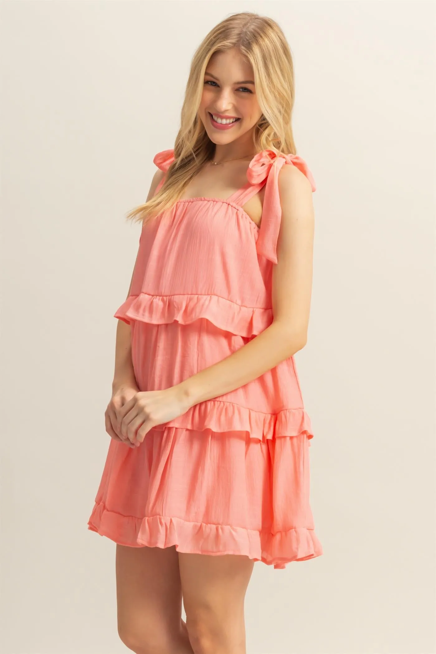 HF25E054-Self Tie Straps Ruffle Tiered Mini Dress