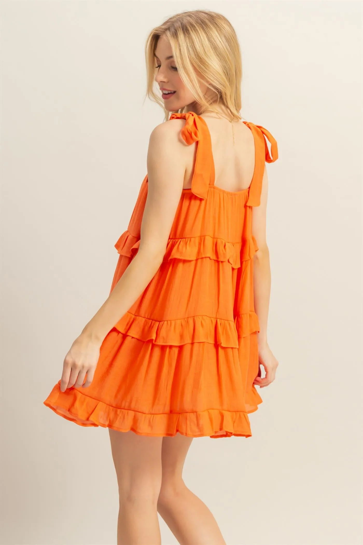 HF25E054-Self Tie Straps Ruffle Tiered Mini Dress