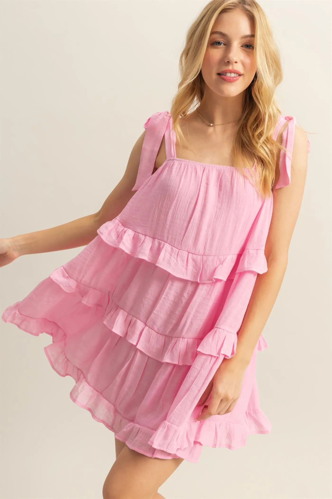 HF25E054-Self Tie Straps Ruffle Tiered Mini Dress