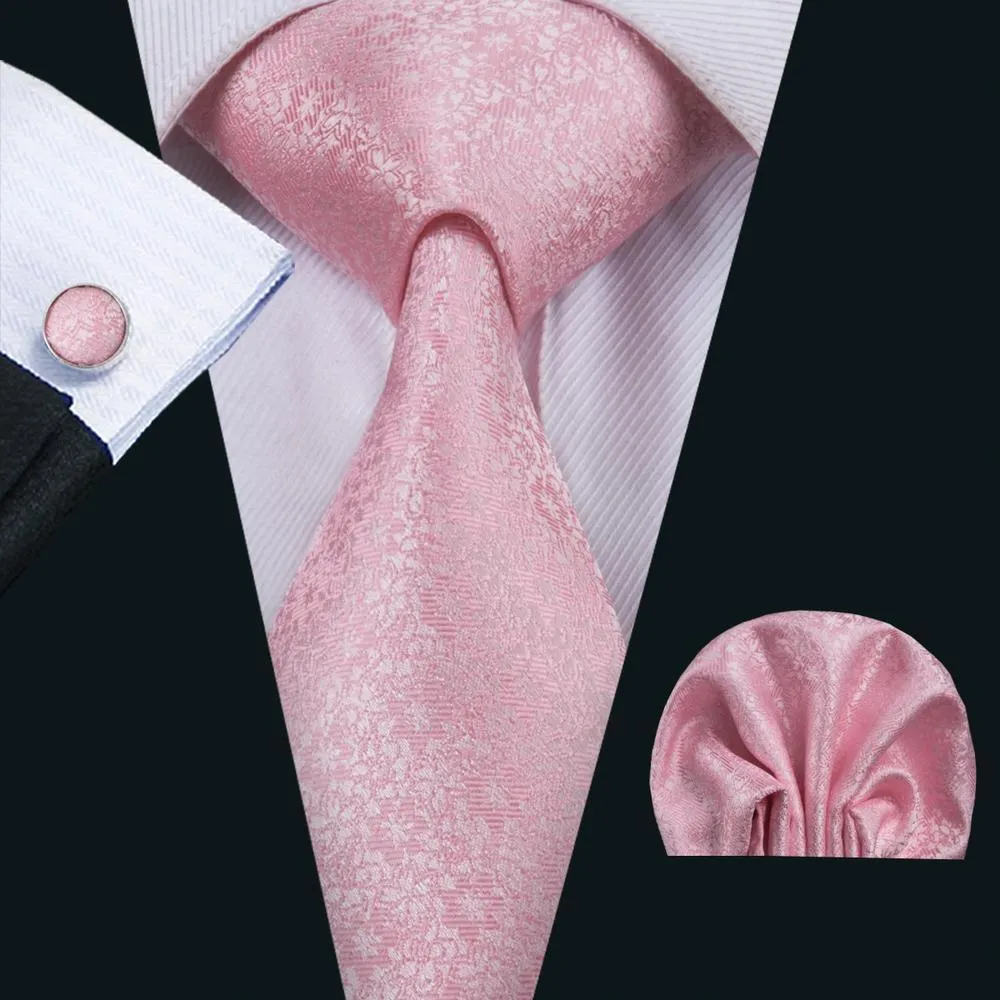 Hi-Tie Silver Pink Floral Men's Silk Necktie Set with Collar Pin