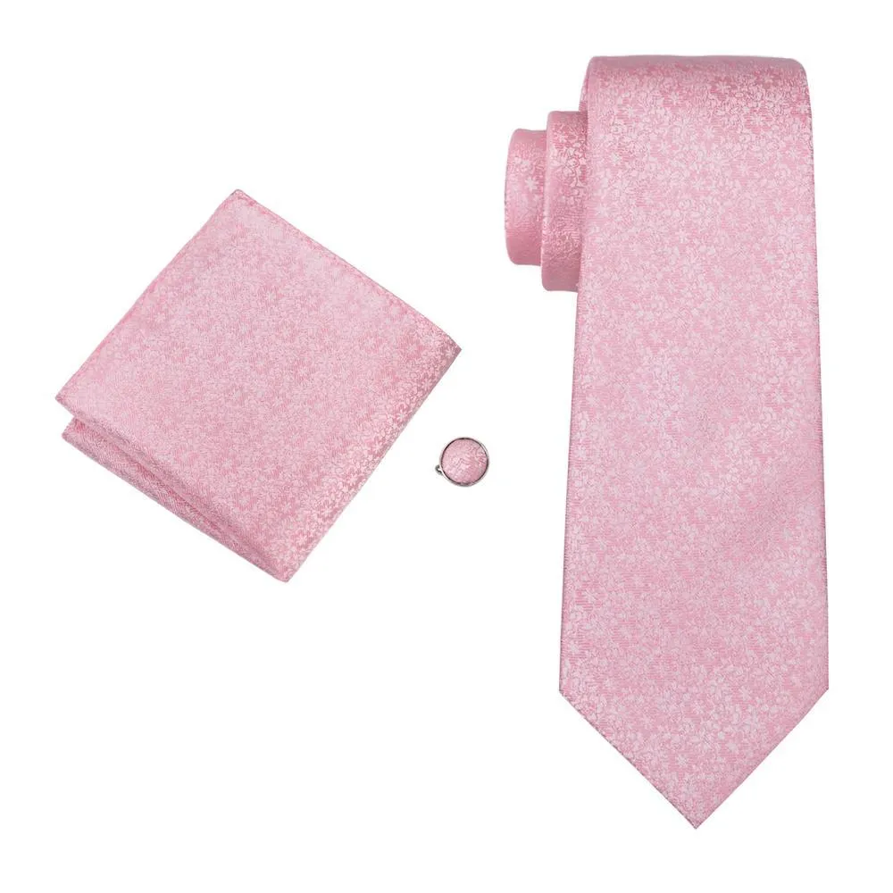 Hi-Tie Silver Pink Floral Men's Silk Necktie Set with Collar Pin