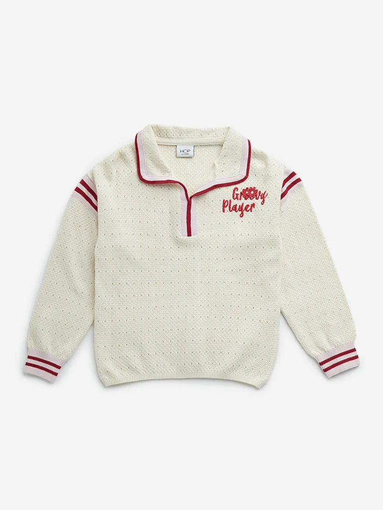 HOP Kids Ecru Text Embroidered Cotton Polo Sweater