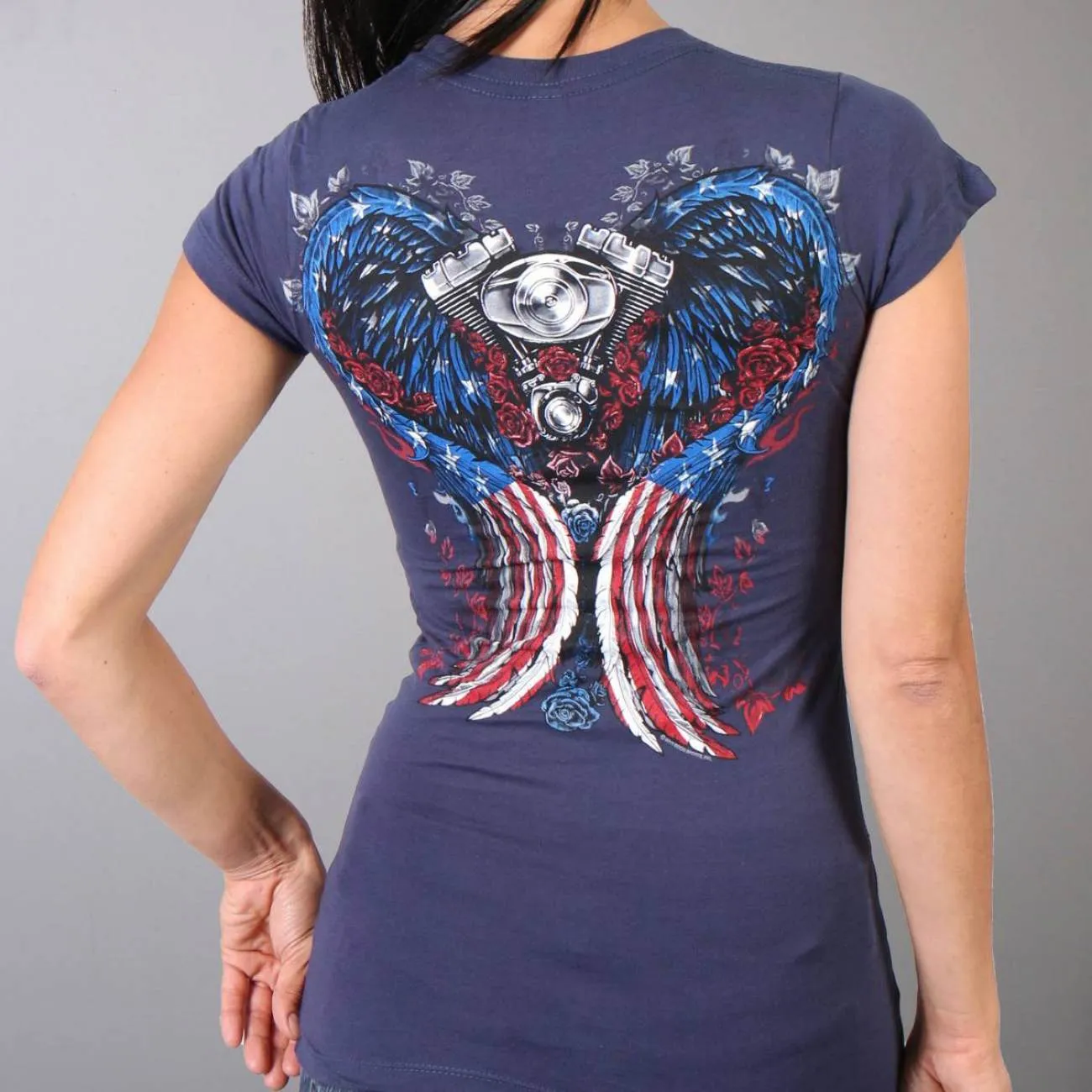 Hot Leathers GLD1297 'Live,Love, Ride' Ladies Angel Wings Navy Blue  T-Shirt