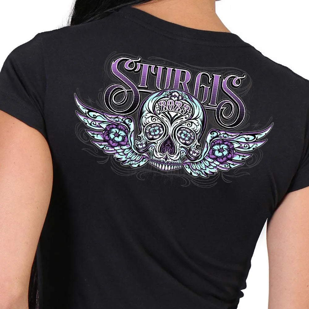 Hot Leathers SPL1827 Women's Black 2023 Sturgis Antique Sugar Skull T-Shirt